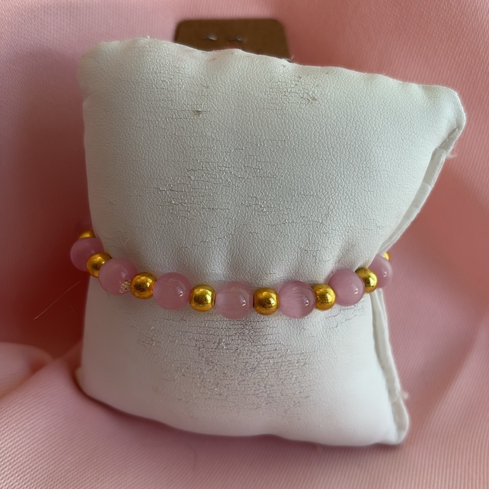 🟢 Pink Cat Eye Bead Pink With Gold Beads Bracelet